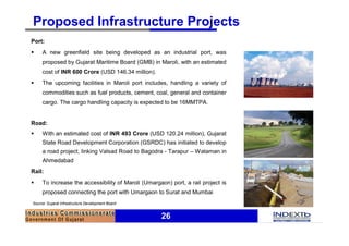 Proposed Infrastructure Projects
Port:
§    A new greenfield site being developed as an industrial port, was
     proposed by Gujarat Maritime Board (GMB) in Maroli, with an estimated
     cost of INR 600 Crore (USD 146.34 million).
§    The upcoming facilities in Maroli port includes, handling a variety of
     commodities such as fuel products, cement, coal, general and container
     cargo. The cargo handling capacity is expected to be 16MMTPA.


Road:
§    With an estimated cost of INR 493 Crore (USD 120.24 million), Gujarat
     State Road Development Corporation (GSRDC) has initiated to develop
     a road project, linking Valsad Road to Bagodra - Tarapur – Wataman in
     Ahmedabad
Rail:
§    To increase the accessibility of Maroli (Umargaon) port, a rail project is
     proposed connecting the port with Umargaon to Surat and Mumbai
Source: Gujarat Infrastructure Development Board


                                                    26
 