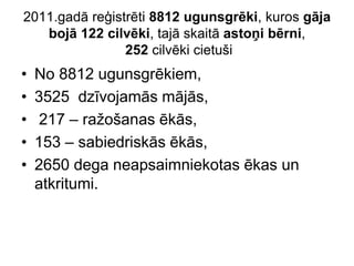 2011.gadā reģistrēti 8812 ugunsgrēki, kuros gāja
   bojā 122 cilvēki, tajā skaitā astoņi bērni,
                252 cilvēki cietuši
•   No 8812 ugunsgrēkiem,
•   3525 dzīvojamās mājās,
•    217 – ražošanas ēkās,
•   153 – sabiedriskās ēkās,
•   2650 dega neapsaimniekotas ēkas un
    atkritumi.
 