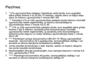 Piezīmes:
1. * U1a ugunsnoturības pakāpes I lietošanas veida būvēs, kuru augstākā
   stāva grīdas līmenis ir no 50 līdz 75 metriem, nesošo sienu un kāpņu telpu
   sienu un kolonnu ugunsizturība ir vismaz REI 180.
2. ** Vienstāva U1b un U2b ugunsnoturības pakāpes būvēs kolonnu minimālā
   ugunsizturība netiek reglamentēta, ja kolonnu būvizstrādājumu
   ugunsreakcijas klase ir vismaz A2-s1,d0.
3. *** U1b un U2b ugunsnoturības pakāpes būvēs, kuru augstākā stāva grīdas
   līmenis ir līdz 8 metriem, savietotā jumta būvkonstrukciju minimālā
   ugunsizturība netiek reglamentēta, ja savietotā jumta būvizstrādājumu
   (izņemot jumta segumu un tvaika izolāciju) ugunsreakcijas klase ir vismaz
   A2-s1,d0.
4. **** Piemērojot Latvijas būvnormatīva LBN 201-10 "Būvju ugunsdrošība"
   (turpmāk - būvnormatīvs) 52.2.apakšpunktu, termoizolētības rādītāju I var
   aizvietot ar siltuma starojuma ierobežojuma rādītāju W.
5. Jumta nesošās konstrukcijas ir stati, kopnes, spāres un kopturi; latojums
   nav jumta nesošās konstrukcijas.
6. Neaizsargātām tērauda konstrukcijām, kuru sieniņas biezums ir vismaz 0,8
   mm, ugunsizturība ir R15.
7. ***** Piemērojot būvnormatīva 49.punktu, termoizolētības rādītāju I var
   aizvietot ar siltuma starojuma ierobežojuma rādītāju W.
 