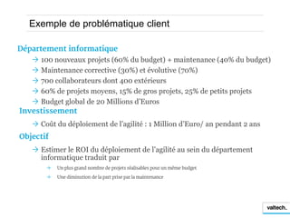 Exemple de problématique client

Département informatique
    100 nouveaux projets (60% du budget) + maintenance (40% du budget)
    Maintenance corrective (30%) et évolutive (70%)
    700 collaborateurs dont 400 extérieurs
    60% de projets moyens, 15% de gros projets, 25% de petits projets
    Budget global de 20 Millions d’Euros
Investissement
    Coût du déploiement de l’agilité : 1 Million d’Euro/ an pendant 2 ans
Objectif
    Estimer le ROI du déploiement de l’agilité au sein du département
     informatique traduit par
          Un plus grand nombre de projets réalisables pour un même budget

          Une diminution de la part prise par la maintenance
 