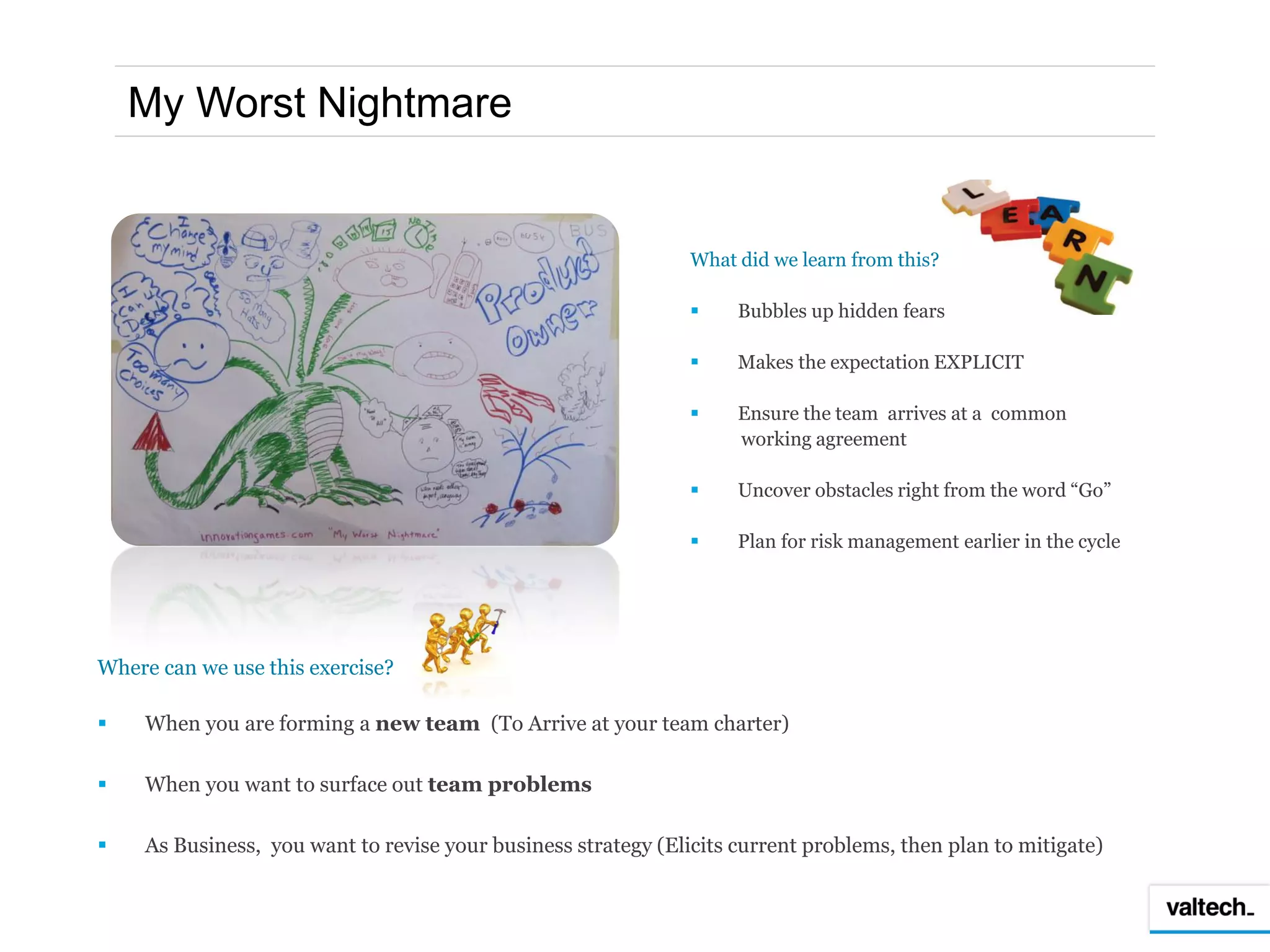 My Worst Nightmare


                                                               What did we learn from this?

                                                                   Bubbles up hidden fears

                                                                   Makes the expectation EXPLICIT

                                                                   Ensure the team arrives at a common
                                                                    working agreement

                                                                   Uncover obstacles right from the word “Go”

                                                                   Plan for risk management earlier in the cycle




Where can we use this exercise?

   When you are forming a new team (To Arrive at your team charter)

   When you want to surface out team problems

   As Business, you want to revise your business strategy (Elicits current problems, then plan to mitigate)
 