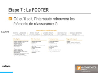 Etape 7 : Le FOOTER
Ex: La FNAC
Où qu’il soit, l’internaute retrouvera les
éléments de réassurance là
 