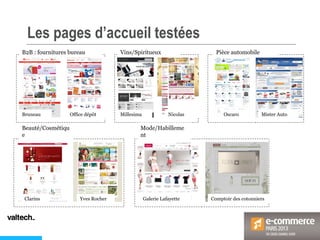 Les pages d’accueil testées
Pièce automobileVins/Spiritueux
Beauté/Cosmétiqu
e
Mode/Habilleme
nt
B2B : fournitures bureau
Bruneau Office dépôt Millesima Nicolas Oscaro Mister Auto
Clarins Yves Rocher Galerie Lafayette Comptoir des cotonniers
 