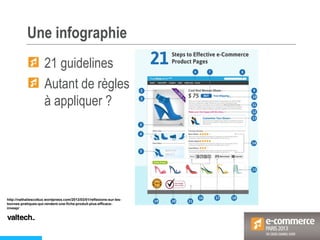 Une infographie
21 guidelines
Autant de règles
à appliquer ?
http://nathaliescottux.wordpress.com/2013/03/01/reflexions-sur-les-
bonnes-pratiques-qui-rendent-une-fiche-produit-plus-efficace-
invesp/
 