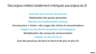 DesenjeuxmétierstotalementimbriquésauxenjeuxduSI
Évolution permanente des besoins
Mobilisation des parties prenantes
Marchés en transformation continue
Connaissance « intime » des usages des clients et consommateurs
Intégrer au plus tôt les innovations technologiques
Multiplication des canaux de communication
Fiabilité et sécurité du SI
Suivi des processus de bout en bout et de plus en plus fin
 