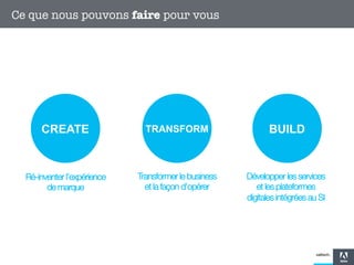 Ce que nous pouvons faire pour vous

CREATE

TRANSFORM

BUILD

Ré-inventer l’expérience
de marque

Transformer le business
et la façon d’opérer

Développer les services
et les plateformes
digitales intégrées au SI

 