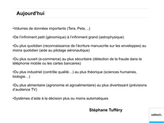 Aujourd'hui

• Volumes de données importants (Tera, Peta, ..)

• De l’infiniment petit (génomique) à l’infiniment grand (astrophysique)

• Du plus quotidien (reconnaissance de l’écriture manuscrite sur les enveloppes) au
moins quotidien (aide au pilotage aéronautique)

• Du plus ouvert (e-commerce) au plus sécuritaire (détection de la fraude dans la
téléphonie mobile ou les cartes bancaires)

• Du plus industriel (contrôle qualité…) au plus théorique (sciences humaines,
biologie…)

• Du plus alimentaire (agronomie et agroalimentaire) au plus divertissant (prévisions
d’audience TV)

• Systèmes d’aide à la décision plus ou moins automatiques


                                              © Stéphane Tufféry
 