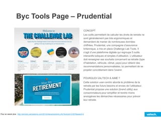 Byc Tools Page – Prudential
CONCEPT
Les outils permettant de calculer les droits de retraite ne
sont généralement pas très ergonomiques et
demandent de manier de nombreuses données
chiffrées. Prudential, une compagnie d’assurance
britannique, a mis en place Challenge Lab Tools. Il
s’agit d’une plateforme digitale qui regroupe 5 outils
interactifs ludiques et simples d’utilisation. L’utilisateur
doit renseigner ses souhaits concernant sa retraite (type
d’habitation, véhicule, climat, pays) pour obtenir des
recommandations personnalisées, lui permettant de se
projeter concrètement dans l’avenir.
POURQUOI VALTECH A AIMÉ ?
Cette solution user-centric aborde le problème de la
retraite par les futurs besoins et envies de l’utilisateur.
Prudential propose une solution (brand utility) aux
consommateurs pour simplifier et rendre moins
anxiogènes les démarches nécessaires pour prévoir
leur retraite.
Pour en savoir plus : http://winners.canneslions.com/2014/interactive/entry.cfm?entryid=31507&award=4
 