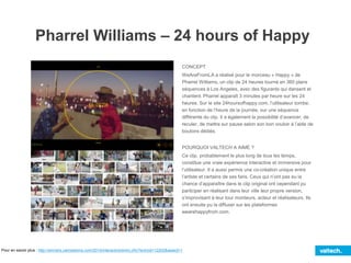 Pharrel Williams – 24 hours of Happy
CONCEPT
WeAreFromLA a réalisé pour le morceau « Happy » de
Pharrel Williams, un clip de 24 heures tourné en 360 plans
séquences à Los Angeles, avec des figurants qui dansent et
chantent. Pharrel apparaît 3 minutes par heure sur les 24
heures. Sur le site 24hoursofhappy.com, l’utilisateur tombe,
en fonction de l’heure de la journée, sur une séquence
différente du clip. Il a également la possibilité d’avancer, de
reculer, de mettre sur pause selon son bon vouloir à l’aide de
boutons dédiés.
POURQUOI VALTECH A AIMÉ ?
Ce clip, probablement le plus long de tous les temps,
constitue une vraie expérience interactive et immersive pour
l’utilisateur. Il a aussi permis une co-création unique entre
l’artiste et certains de ses fans. Ceux qui n’ont pas eu la
chance d’apparaître dans le clip original ont cependant pu
participer en réalisant dans leur ville leur propre version,
s’improvisant à leur tour monteurs, acteur et réalisateurs. Ils
ont ensuite pu la diffuser sur les plateformes
wearehappyfrom.com.
Pour en savoir plus : http://winners.canneslions.com/2014/interactive/entry.cfm?entryid=12202&award=1
 