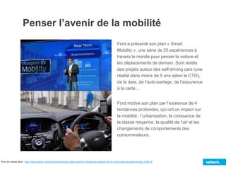 Ford a présenté son plan « Smart
Mobility », une série de 25 expériences à
travers le monde pour penser la voiture et
les déplacements de demain. Sont testés
des projets autour des self-driving cars (une
réalité dans moins de 5 ans selon le CTO),
de la data, de l’auto-partage, de l’assurance
à la carte…
Ford motive son plan par l’existence de 4
tendances profondes, qui ont un impact sur
la mobilité : l’urbanisation, la croissance de
la classe moyenne, la qualité de l’air et les
changements de comportements des
consommateurs.
Penser l’avenir de la mobilité
Pour en savoir plus : http://www.atelier.net/trends/articles/big-data-mobilite-intelligente-objectif-2015-constructeurs-automobiles_433015
 