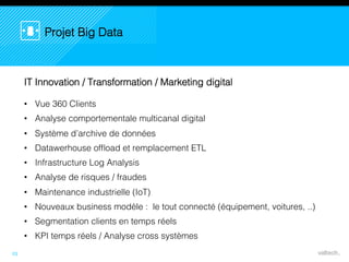 23
Projet Big Data
IT Innovation / Transformation / Marketing digital
• Vue 360 Clients
• Analyse comportementale multicanal digital
• Système d’archive de données
• Datawerhouse offload et remplacement ETL
• Infrastructure Log Analysis
• Analyse de risques / fraudes
• Maintenance industrielle (IoT)
• Nouveaux business modèle : le tout connecté (équipement, voitures, ..)
• Segmentation clients en temps réels
• KPI temps réels / Analyse cross systèmes
 