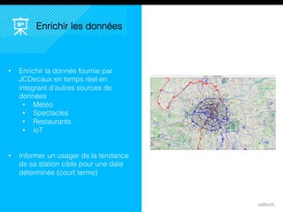 39
Enrichir les
données
• Enrichir la donnée fournie par
JCDecaux en temps réel en integrant
d’autres sources de données
• Météo
• Spectacles
• Restaurants
• IoT
• Informer un usager de la tendance
de sa station cible pour une date
déterminée (court terme)
 