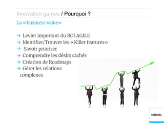 Innovation games / Pourquoi ?!
La « business value »

Ò  Levier important du ROI AGILE
Ò  Identifier/Trouver les « Killer features »
Ò  Savoir prioriser
Ò  Comprendre les désirs cachés
Ò  Création de Roadmaps
Ò  Gérer les relations
  complexes
 