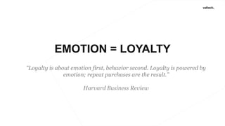 “Loyalty is about emotion first, behavior second. Loyalty is powered by
emotion; repeat purchases are the result.”
Harvard Business Review
EMOTION = LOYALTY
 