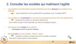 10	
  
2. Consulter les sociétés qui maitrisent l'agilité
•  Les sociétés vont retravailler le product backlog avec leurs abaques pour élaborer leur
chiffrage
–  : après présélection de 6 sociétés (RFI) consultation avec 4 sociétés (RFP)
•  Les sociétés ont "industrialisé" le process de développement pour être vite opérationnel
–  : lancement de projet en 2 semaines (Itération 0)
pour mettre en place l'usine logicielle, les outils de pilotage du projet …
•  Conception d'une équipe bien calibrée
–  développeurs junior et senior, analyste, …
•  Reste un pari pour les sociétés : forfait = risque
–  : budget du simple au double entre les 4 sociétés consultées
SITA SPE n'a pas choisi la moins disante
 