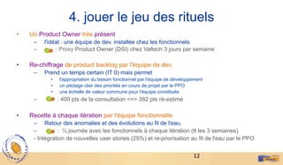 12	
  
4. jouer le jeu des rituels
•  Un Product Owner très présent
–  l'idéal : une équipe de dev. installée chez les fonctionnels
–  : Proxy Product Owner (DSI) chez Valtech 3 jours par semaine
•  Re-chiffrage de product backlog par l'équipe de dev.
–  Prend un temps certain (IT 0) mais permet
•  l'appropriation du besoin fonctionnel par l'équipe de développement
•  un pilotage clair des priorités en cours de projet par le PPO
•  une échelle de valeur commune pour l'équipe constituée
–  : 400 pts de la consultation <=> 382 pts ré-estimé
•  Recette à chaque itération par l'équipe fonctionnelle
–  Retour des anomalies et des évolutions au fil de l'eau.
–  : ½ journée avec les fonctionnels à chaque itération (tt les 3 semaines)
- Intégration de nouvelles user stories (25%) et re-priorisation au fil de l'eau par le PPO
 