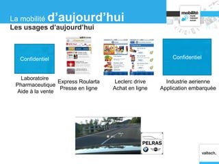 Laboratoire
Pharmaceutique
Aide à la vente
Express Roularta
Presse en ligne
Leclerc drive
Achat en ligne
Industrie aerienne
Application embarquée
Les usages d’aujourd’hui
La mobilité d’aujourd’hui
Confidentiel Confidentiel
 