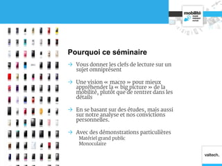 Pourquoi ce séminaire
 Vous donner les clefs de lecture sur un
sujet omniprésent
 Une vision « macro » pour mieux
appréhender la « big picture » de la
mobilité, plutôt que de rentrer dans les
détails
 En se basant sur des études, mais aussi
sur notre analyse et nos convictions
personnelles.
 Avec des démonstrations particulières
Matériel grand public
Monoculaire
 