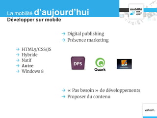  HTML5/CSS/JS
 Hybride
 Natif
 Autre
 Windows 8
 Digital publishing
 Présence marketing
 « Pas besoin » de développements
 Proposer du contenu
La mobilité d’aujourd’hui
Développer sur mobile
 