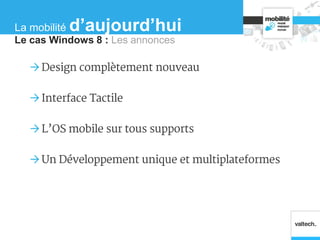Le cas Windows 8 : Les annonces
La mobilité d’aujourd’hui
 Design complètement nouveau
 Interface Tactile
 L’OS mobile sur tous supports
 Un Développement unique et multiplateformes
 