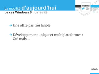 Le cas Windows 8 : La réalité
La mobilité d’aujourd’hui
 Une offre pas très lisible
 Développement unique et multiplateformes :
Oui mais…
 
