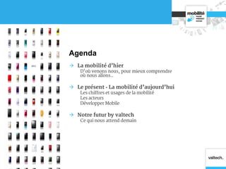 Agenda
 La mobilité d’hier
D’où venons nous, pour mieux comprendre
où nous allons..
 Le présent : La mobilité d’aujourd’hui
Les chiffres et usages de la mobilité
Les acteurs
Développer Mobile
 Notre futur by valtech
Ce qui nous attend demain
 