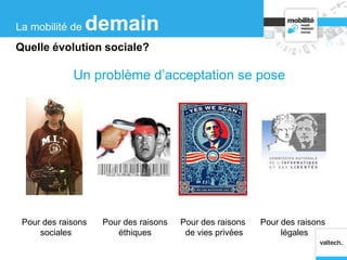 Un problème d’acceptation se pose
Pour des raisons
sociales
Pour des raisons
de vies privées
Pour des raisons
éthiques
Pour des raisons
légales
La mobilité de demain
Quelle évolution sociale?
 