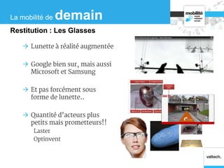  Lunette à réalité augmentée
 Google bien sur, mais aussi
Microsoft et Samsung
 Et pas forcément sous
forme de lunette..
 Quantité d’acteurs plus
petits mais prometteurs!!
Laster
Optinvent
La mobilité de demain
Restitution : Les Glasses
 
