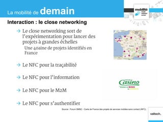  Le close networking sort de
l’expérimentation pour lancer des
projets à grandes échelles
Une 40aine de projets identifiés en
France
 Le NFC pour la traçabilité
 Le NFC pour l’information
 Le NFC pour le M2M
 Le NFC pour s’authentifier
Source : Forum SMSC - Carte de France des projets de services mobiles sans contact (NFC).
La mobilité de demain
Interaction : le close networking
 