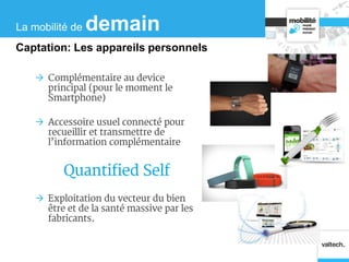  Complémentaire au device
principal (pour le moment le
Smartphone)
 Accessoire usuel connecté pour
recueillir et transmettre de
l’information complémentaire
Quantified Self
 Exploitation du vecteur du bien
être et de la santé massive par les
fabricants.
La mobilité de demain
Captation: Les appareils personnels
 