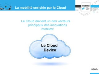 La mobilité enrichie par le Cloud
Le Cloud devient un des vecteurs
principaux des innovations
mobiles!
Le Cloud
Device
 