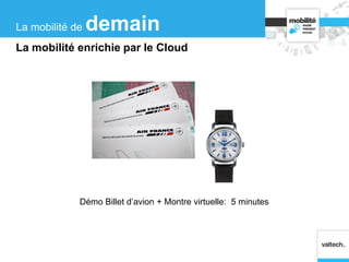 Démo Billet d’avion + Montre virtuelle: 5 minutes
La mobilité de demain
La mobilité enrichie par le Cloud
 