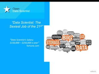 10,2 M€ 
Reste 
du 
Monde 
36 M€ 
USA 
36,3 M€ 
EUROPE DU SUD 
65,1 M€ 
EUROPE 
DU NORD 
11 
Open 
Data Scientist 
“Data Scientist: The 
Sexiest Job of the 21st” 
“Data Scientist’s Salary: 
$150,000 – $250,000 a year” 
fortune.com 
 