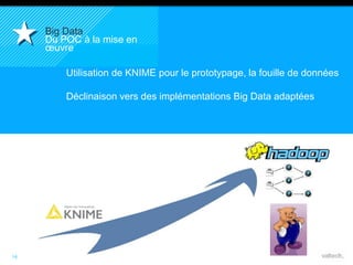 14 
Big Data 
Du POC à la mise en 
oeuvre 
Utilisation de KNIME pour le prototypage, la fouille de données 
Déclinaison vers des implémentations Big Data adaptées 
 