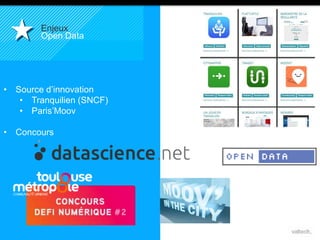 Enjeux 
Open Data 
• Source d’innovation 
16 
• Tranquilien (SNCF) 
• Paris’Moov 
• Concours 
 