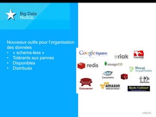 Nouveaux outils pour l’organisation 
des données 
• « schema-less » 
• Tolérants aux pannes 
• Disponibles 
• Distribués 
6 
Big Data 
NoSQL 
 