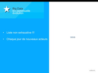 • Liste non exhaustive !!! 
• Chaque jour de nouveaux acteurs 
8 
Big Data 
En perpétuelle 
évolution 
 