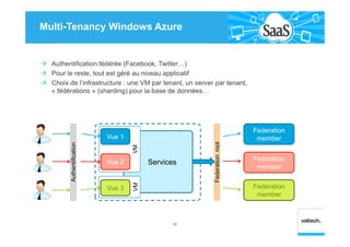 Services
Multi-Tenancy Windows Azure
Authentification fédérée (Facebook, Twitter…)
Pour le reste, tout est géré au niveau applicatif
Choix de l’infrastructure : une VM par tenant, un server par tenant,
« fédérations » (sharding) pour la base de données…
33
Authentification
VMVue 1
Vue 2
Federationroot
Federation
member
Federation
member
Federation
member
VM
Vue 3
 