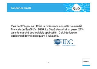 Tendance SaaS
Plus de 30% par an ! C’est la croissance annuelle du marché
Français du SaaS d’ici 2016. Le SaaS devrait ainsi peser 21%
dans le marché des logiciels applicatifs. Celui du logiciel
traditionnel devrait être quant à lui atone.
47
 