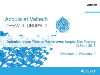 1
Optimiser votre Time to Market avec Acquia Site Factory!
12 Mars 2013!
!
@valtech_fr @acquia_fr !
Acquia et Valtech
 