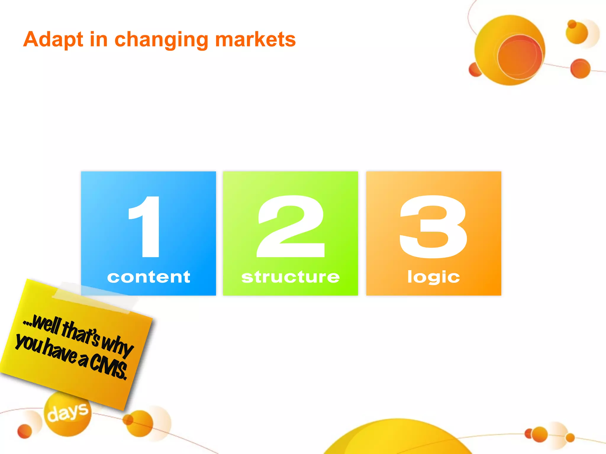 Adapt in changing markets




               1 2 3
               content   structure   logic

 ...well
you h    that’s
      ave a     why
             CMS
                  .
 