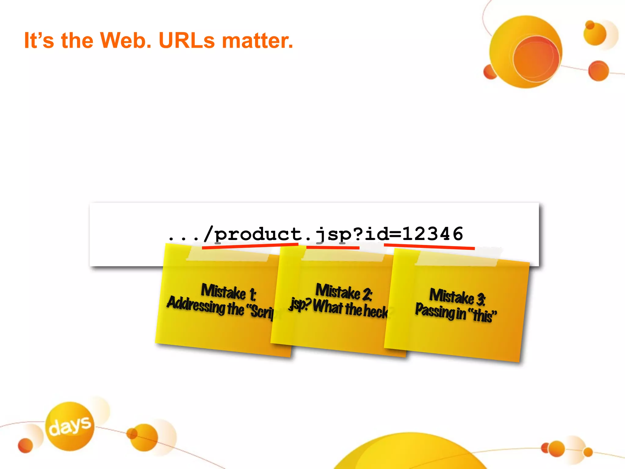It’s the Web. URLs matter.




             .../product.jsp?id=12346

                  Mistake 1  :             Mistake 2:         Mistake 3:
             Addressing th
                          e “Script” .jsp? What the heck?   Passing in “th
                                                                          is”
 