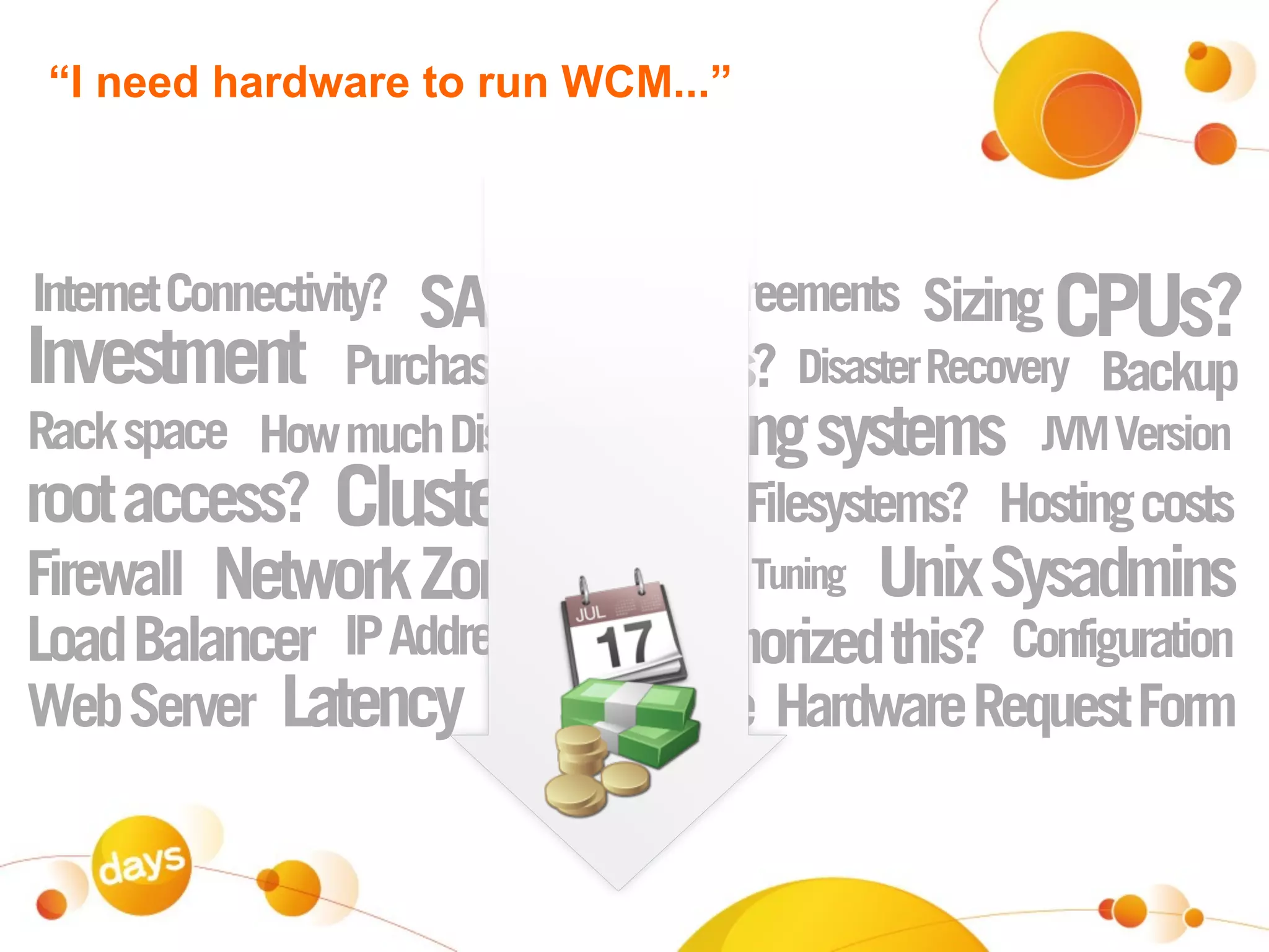 “I need hardware to run WCM...”



Internet Connectivity? SAN / NAS Agreements Sizing  CPUs?
Investment Purchase Order Cores? Disaster Recovery Backup
Rack space How much Disk? Operating systems JVM Version
root access?   Clustering      What Filesystems? Hosting costs
Firewall Network Zone Performance Tuning Unix Sysadmins
Load Balancer IP Address Who authorized this? Configuration
Web Server Latency Shipping Date Hardware Request Form
 