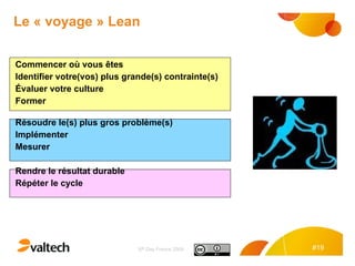 Le « voyage » Lean Commencer où vous êtes Identifier votre(vos) plus grande(s) contrainte(s) Évaluer votre culture Former Résoudre le(s) plus gros problème(s) Implémenter Mesurer Rendre le résultat durable Répéter le cycle 