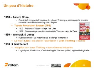 Un peu d’histoire 1950 – Taiichi Ohno,  Considéré comme le fondateur du « Lean Thinking », développe le premier système Lean Manufacturing chez Toyota Toyota Production System (TPS)   1902 : Métiers à Tisser –  Stop The Line 1938 : Chaîne de production automobile Toyota –  Just In Time 1990 – Womack & Jones  Publication de « La machine qui a changé le monde »  Le mot «  Lean  » est créé et l’expression «  Lean Thinking  » est née 1990    Maintenant Adoption du « Lean Thinking » dans diverses industries  Logistiques, Production, Centres d’appel, Secteur public, Ingénierie logicielle 