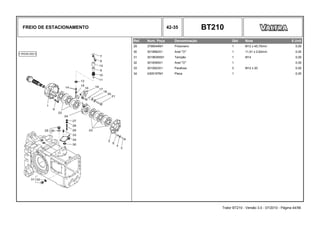 FREIO DE ESTACIONAMENTO 42-35 BT210
Ref. Num. Peça Denominação Qtd Nota $ Unit
29 3796544M1 Prisioneiro 1 M12 x 45,75mm 0,00
30 3019962X1 Anel "O" 1 11,91 x 2,62mm 0,00
31 3019639X91 Tampão 1 M14 0,00
32 3019395X1 Anel "O" 1 0,00
33 3010923X1 Parafuso 3 M12 x 20 0,00
34 4305197M1 Placa 1 0,00
Trator BT210 - Versão 3.0 - 07/2010 - Página 44/56
 