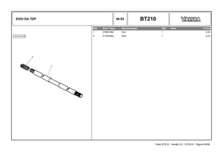 EIXO DA TDP 46-05 BT210
Ref. Num. Peça Denominação Qtd Nota $ Unit
1 3799970M2 Eixo 1 0,00
2 3716340M2 Mola 1 0,00
Trator BT210 - Versão 3.0 - 07/2010 - Página 54/56
 