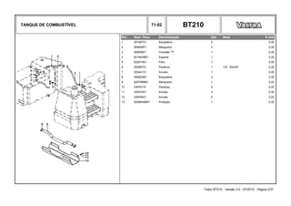 TANQUE DE COMBUSTÍVEL 71-02 BT210
Ref. Num. Peça Denominação Qtd Nota $ Unit
1 391087X1 Braçadeira 6 0,00
2 064628P1 Mangueira 3 0,00
3 069506P1 Conexão "T" 1 0,00
4 6216435M1 Suporte 1 0,00
5 022673N1 Filtro 1 0,00
6 353667X1 Parafuso 1 1/4" 20x3/4" 0,00
7 353441X1 Arruela 1 0,00
8 490802M1 Braçadeira 2 0,00
9 6207999M1 Mangueira 1 0,00
10 339761X1 Parafuso 4 0,00
11 339374X1 Arruela 4 0,00
12 339056X1 Arruela 4 0,00
13 6208649M91 Proteção 1 0,00
Trator BT210 - Versão 3.0 - 07/2010 - Página 2/31
 