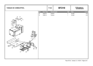 TANQUE DE COMBUSTÍVEL 71-03 BT210
Ref. Num. Peça Denominação Qtd Nota $ Unit
29 339207X1 Parafuso 3 M12x80 0,00
30 339881X1 Parafuso 1 M16x60 0,00
Trator BT210 - Versão 3.0 - 07/2010 - Página 4/31
 