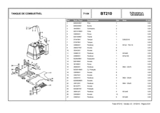 TANQUE DE COMBUSTÍVEL 71-04 BT210
Ref. Num. Peça Denominação Qtd Nota $ Unit
1 6263033M1 Pino 1 0,00
2 6263034M1 Bucha 1 0,00
3 354059X1 Contrapino 2 0,00
4 6201010M91 Cinta 1 0,00
5 339054X1 Porca 5 0,00
6 6201009M1 Tirante 1 0,00
7 073479N1 Tanque 1 E063Z018 0,00
7 073479N1 Tanque 1 0,00
8 339600X1 Parafuso 3 M12x1 75x110 0,00
9 3585377M1 Arruela 6 0,00
10 353433X1 Arruela 6 0,00
11 339881X1 Parafuso 1 M16x60 0,00
12 339805X1 Parafuso 1 M16x100 0,00
13 6228428M1 Espaçador 1 0,00
14 829185M1 Arruela 5 0,00
15 391056X1 Porca 5 0,00
16 390830X1 Parafuso 5 M8x1 25x70 0,00
17 6202610M91 Cj. Proteção 1 0,00
18 339056X1 Arruela 8 0,00
19 339374X1 Arruela 8 0,00
20 339337X1 Parafuso 4 M8x1 25x30 0,00
21 6200609M91 Escada 1 0,00
22 339123X1 Parafuso 2 M8x1 25x20 0,00
23 061037P1 Arruela 2 0,00
24 6202801M1 Proteção 1 0,00
25 390912X1 Parafuso 4 M12x40 0,00
26 339369X1 Arruela 13 0,00
27 339403x1 Parafuso 6 M12x60 0,00
Trator BT210 - Versão 3.0 - 07/2010 - Página 5/31
 
